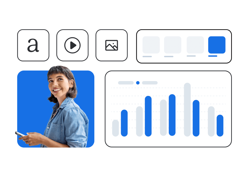 Content management interface showing text, video, and image icons, with a profile photo and analytics graph display