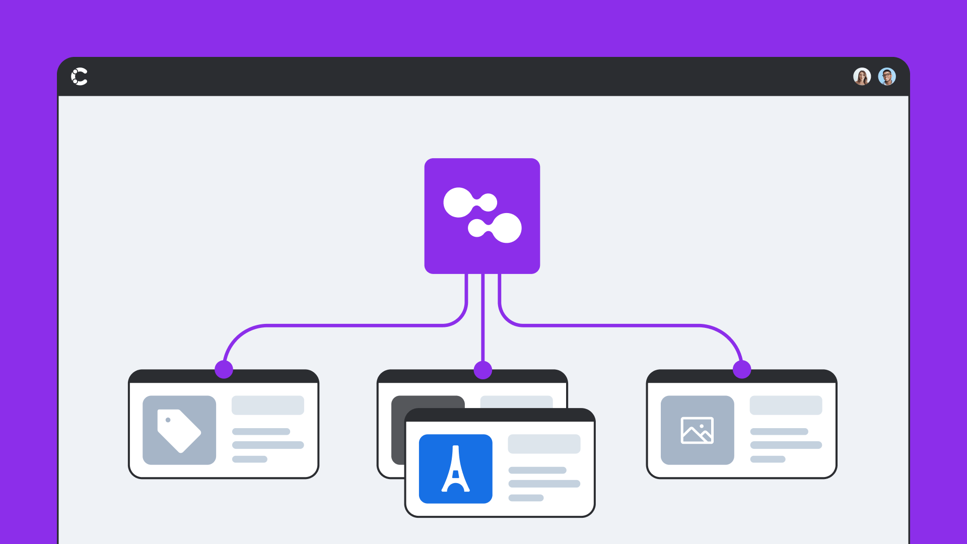 Illustration showing a purple connection hub linking three content cards, with icons for tags, Eiffel Tower, and images