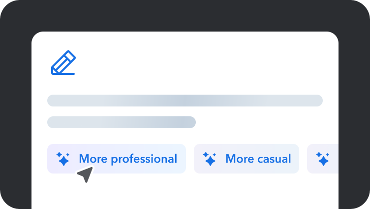 Text editor interface with blue pencil icon and tone adjustment buttons showing "More professional" and "More casual" options