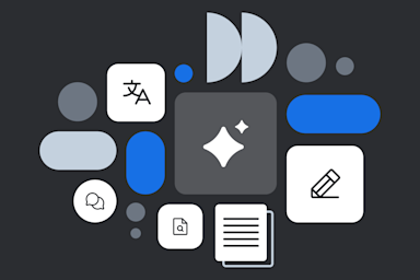 Abstract illustration of app interface elements with icons for translation, chat, search, editing and documents on dark background