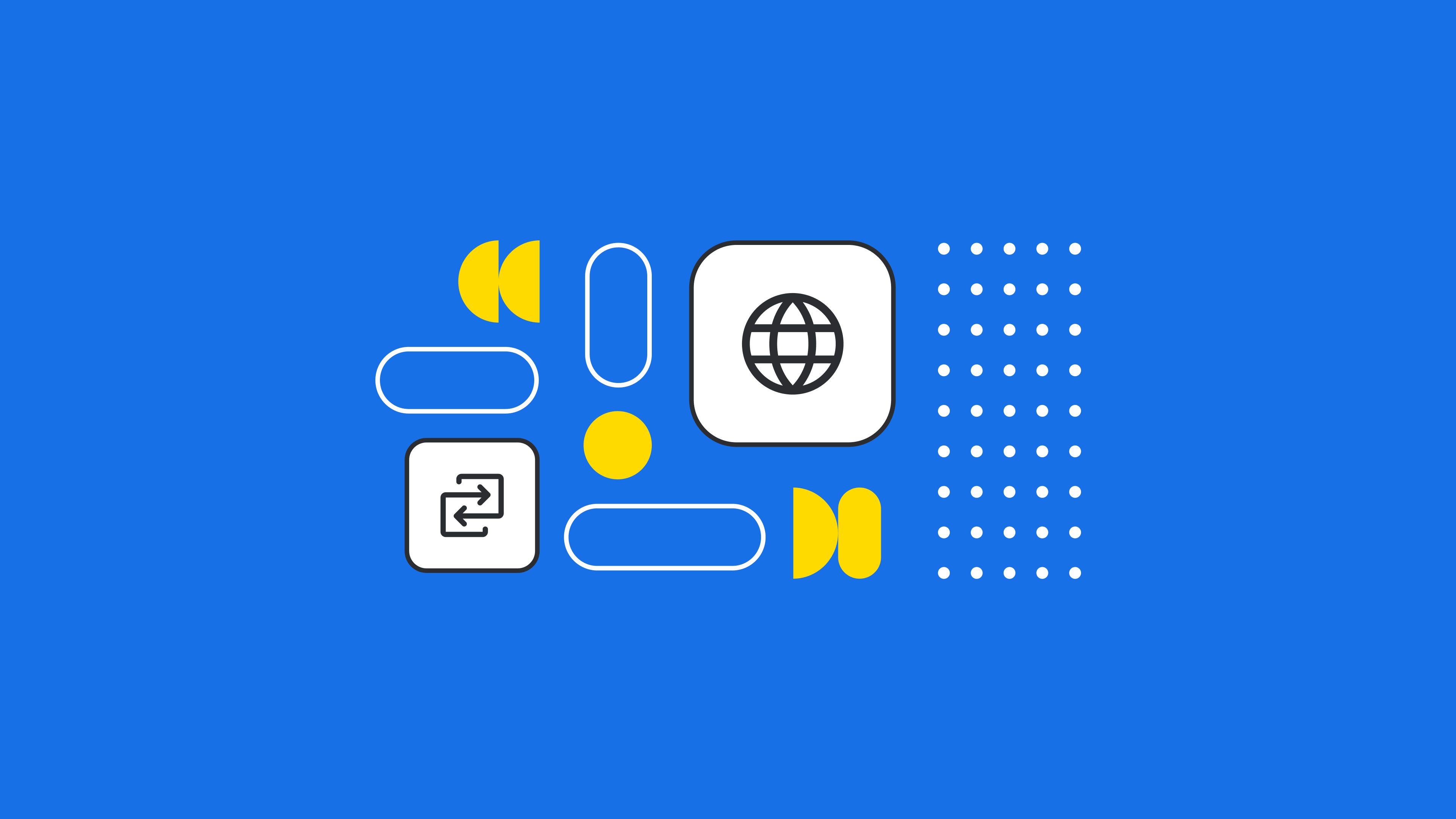 Abstract design with white and yellow icons including a globe and arrows on bright blue background with dotted pattern