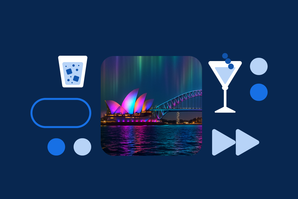 Sydney Opera House illuminated in vibrant pink and purple at night, with Harbour Bridge and cocktail icon graphics on navy background