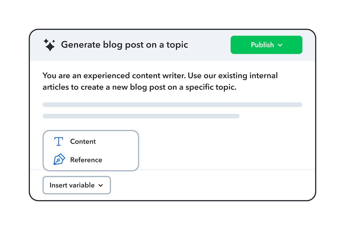 Content creation interface showing text editor with "Content" and "Reference" tabs, "Insert variable" dropdown, and green "Publish" button