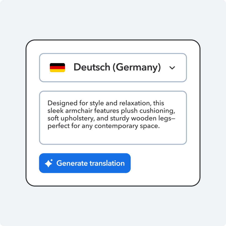 Translation interface showing German language selection and product description text, with a blue "Generate translation" button below