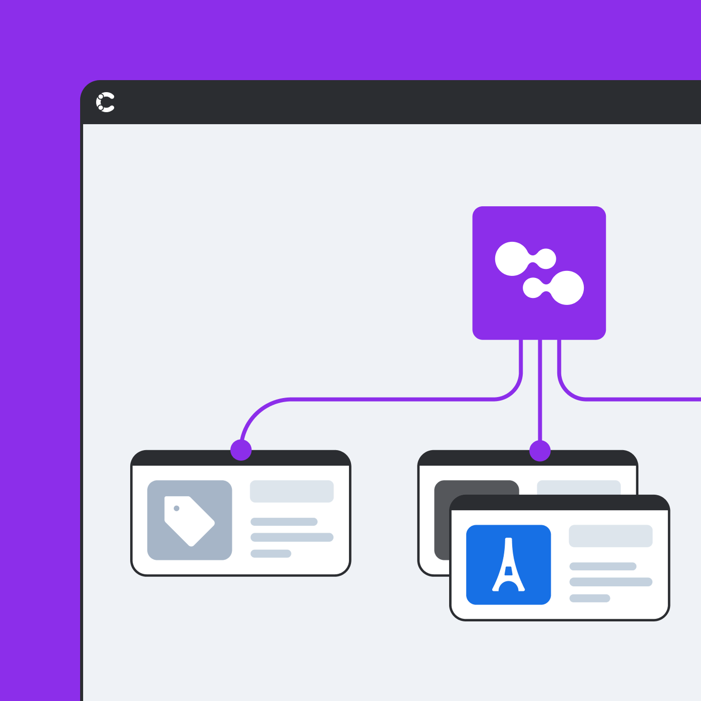 Illustration showing connected cards with icons, linked by purple lines to a purple square with white symbols, on a light background