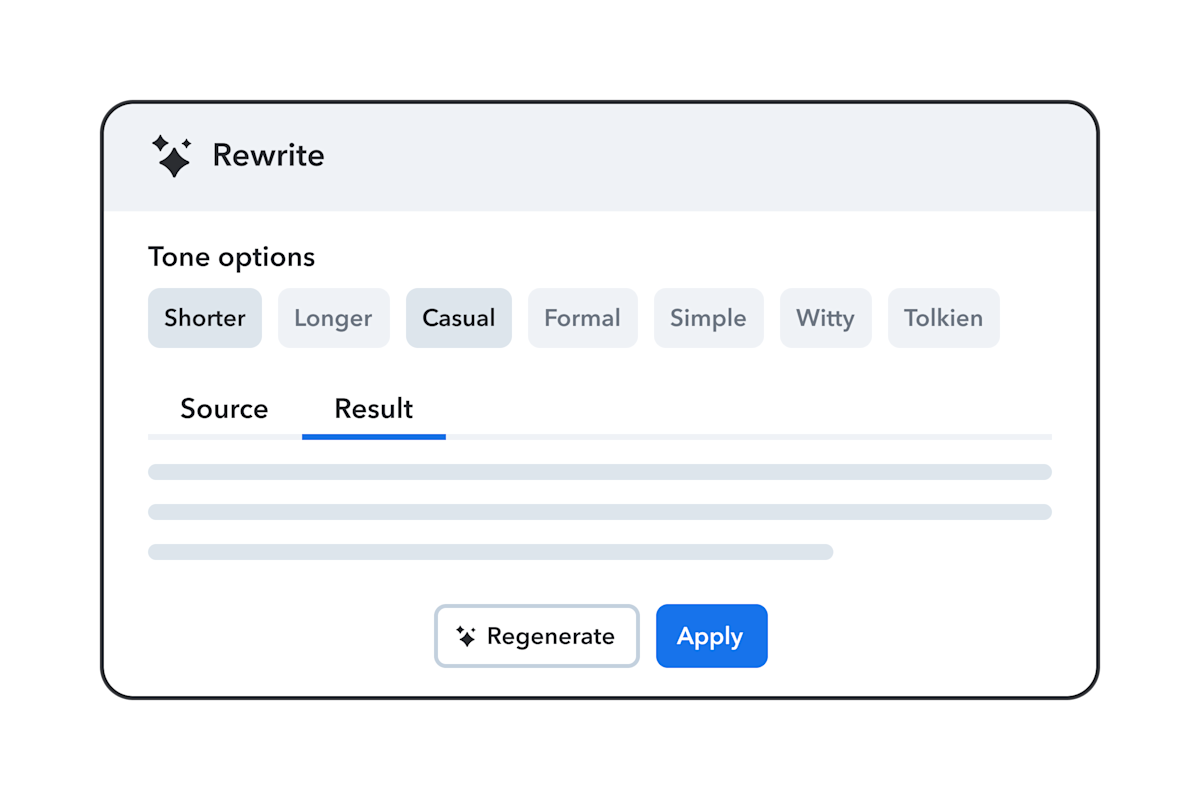 Text rewriting interface with tone options including Shorter, Longer, Casual, Formal, Simple, Witty, and Tolkien styles