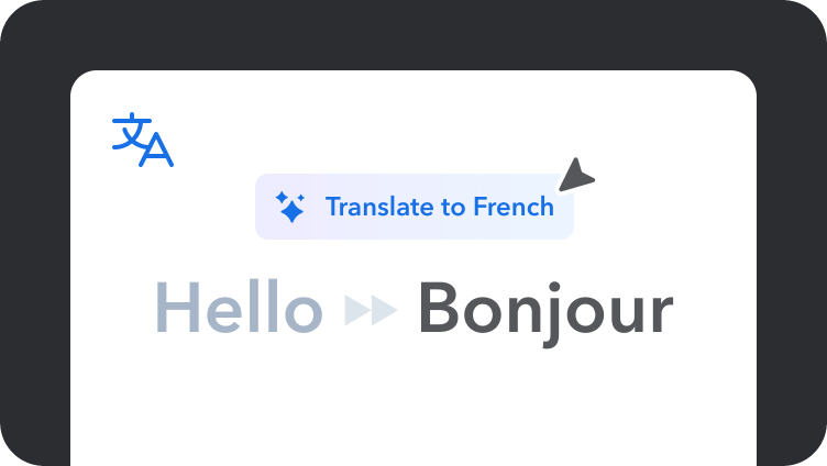 Translation interface showing "Hello" being translated to "Bonjour" in French, with a blue translate button above