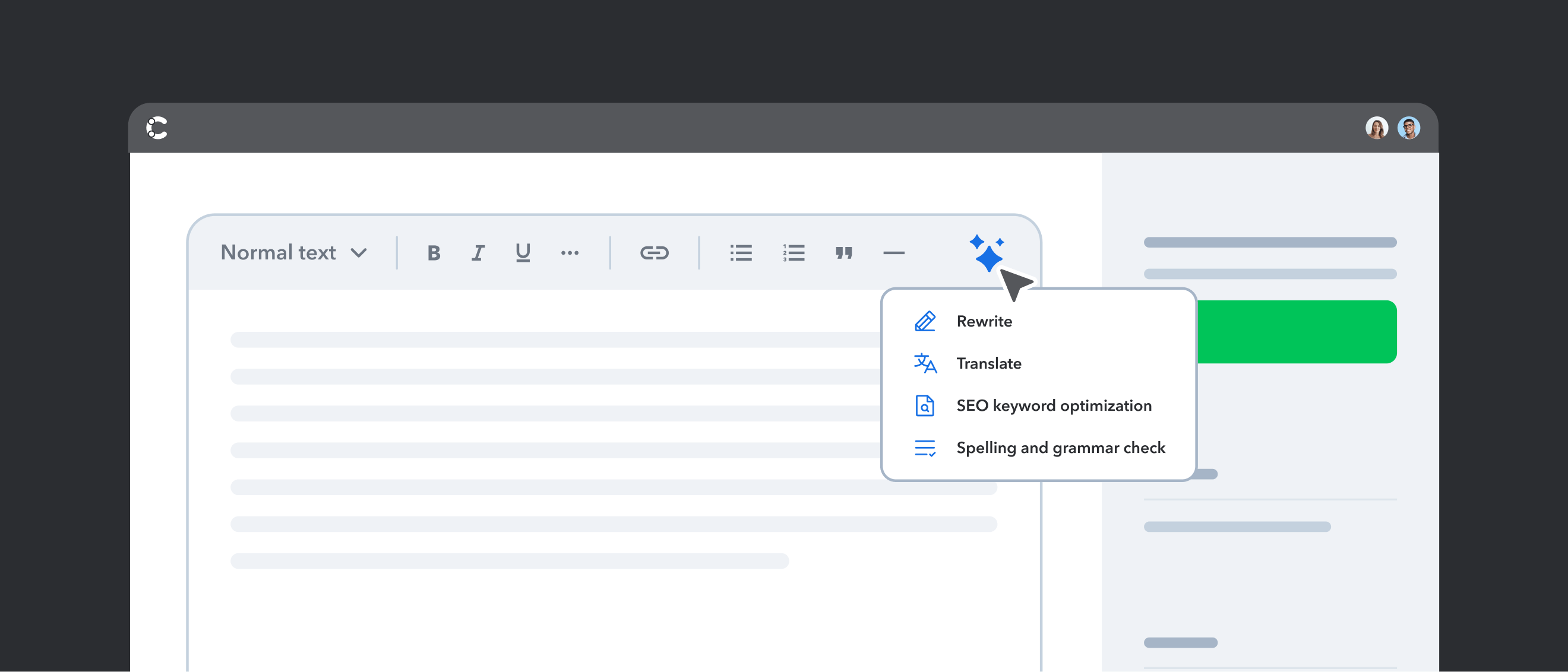 Text editor interface showing AI writing assistant dropdown menu with options for rewrite, translate, SEO optimization, and grammar check