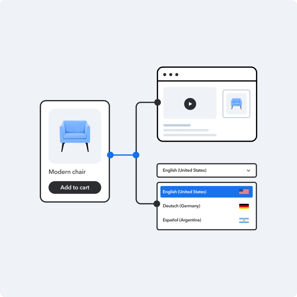 Illustration showing e-commerce product page with blue chair, video player, and language selection menu with US, German, and Argentine flags