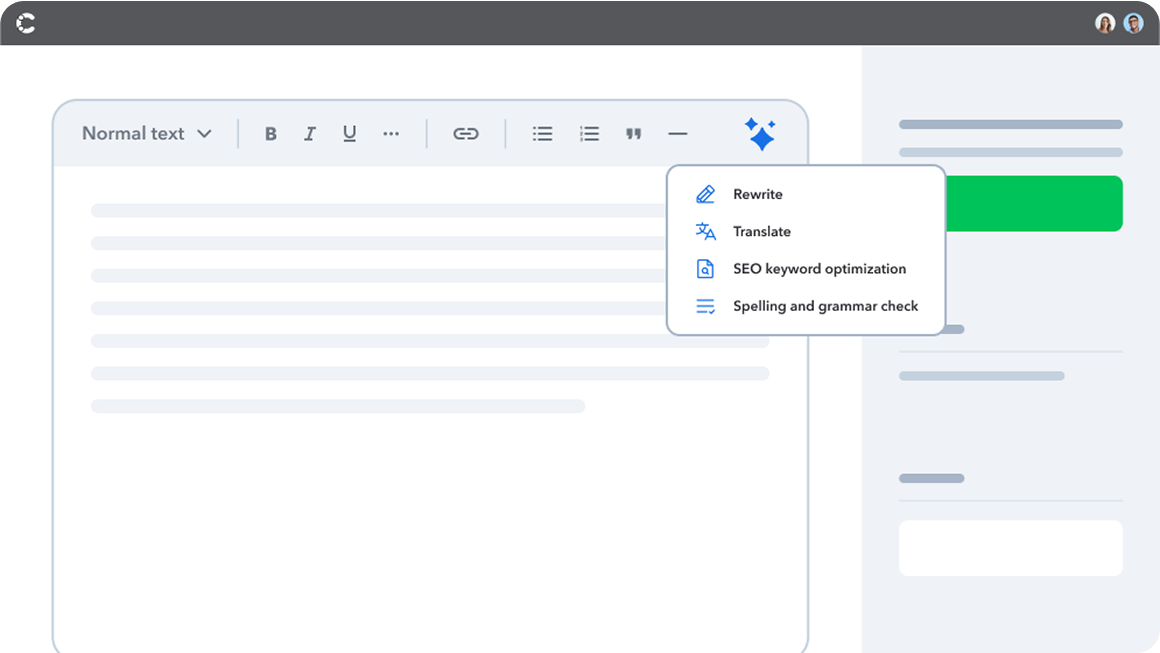 Text editor interface showing formatting toolbar and dropdown menu with options for Rewrite, Translate, SEO optimization, and Grammar check