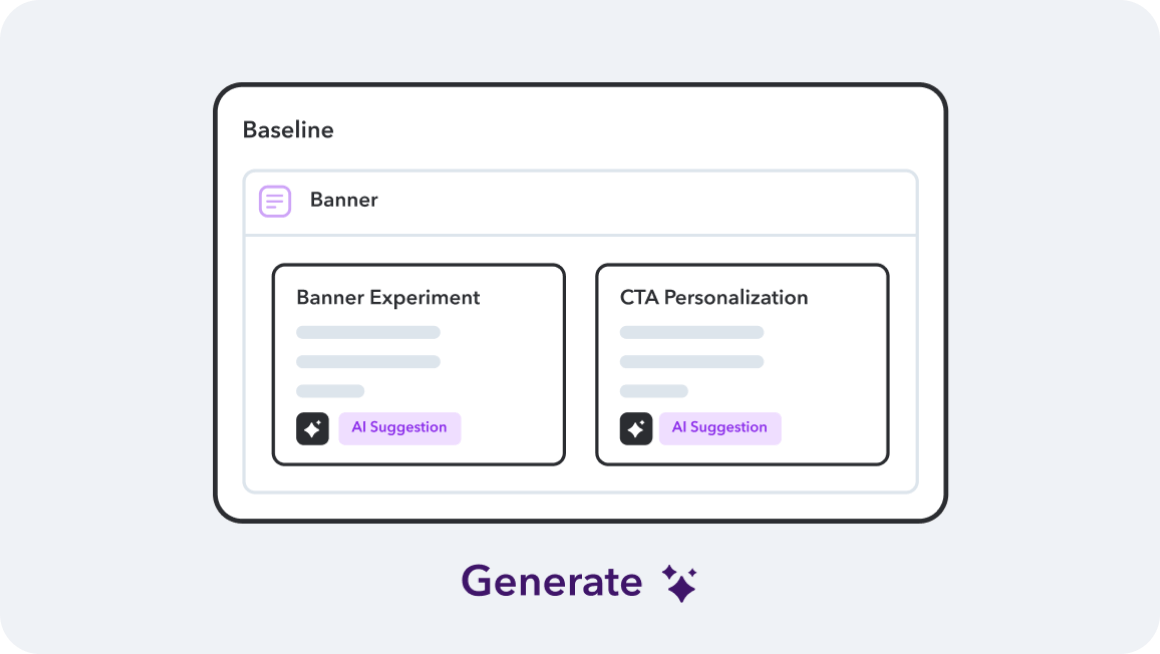 User interface showing banner experiment and CTA personalization options with AI suggestion buttons in purple