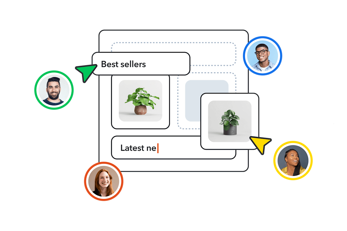 Branded UI with multiple avatars dragging elements together to demonstrate collaborative design