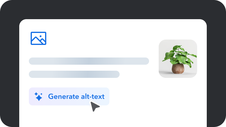 User interface showing a "Generate alt-text" button with cursor and decorative plant image in a light gray rounded container