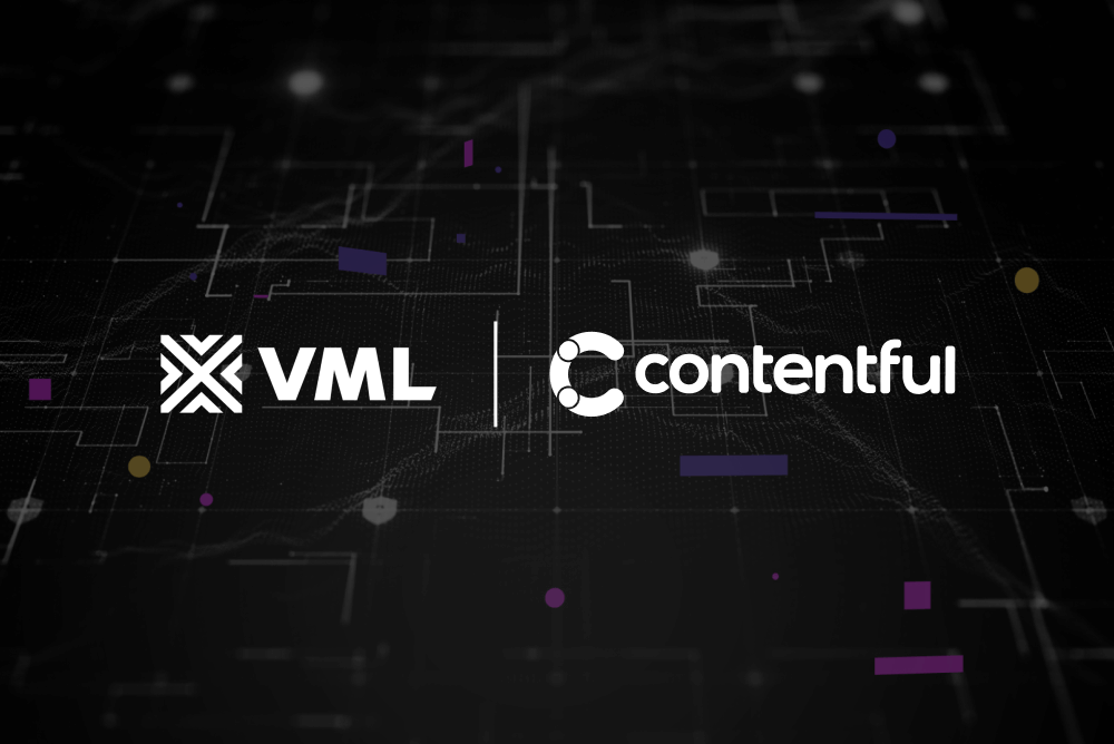VML and Contentful logos on dark tech-inspired background with purple and gold geometric elements and circuit patterns