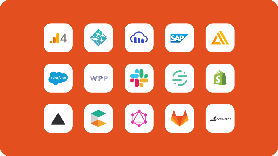 Grid of 15 tech company logos including Salesforce, SAP, Shopify, and WPP on an orange background, arranged in three rows